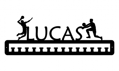 Suporte metal preto com jogadores de voleibol e nome LUCAS