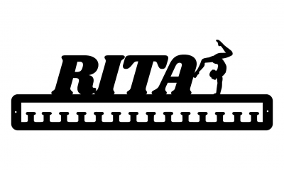 Suporte metálico preto com nome RITA e ginasta, com doze ganchos para pendurar objetos.