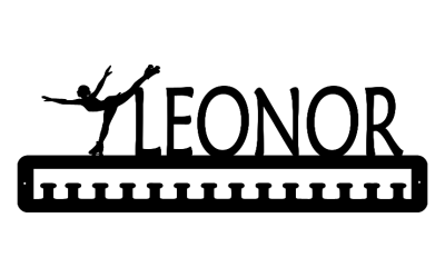 Suporte de medalhas em metal preto com nome LEONOR e patinadora artística