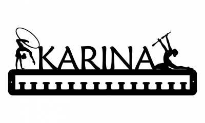 Suporte de parede em metal preto com nome Karina e figuras femininas de ginástica rítmica.