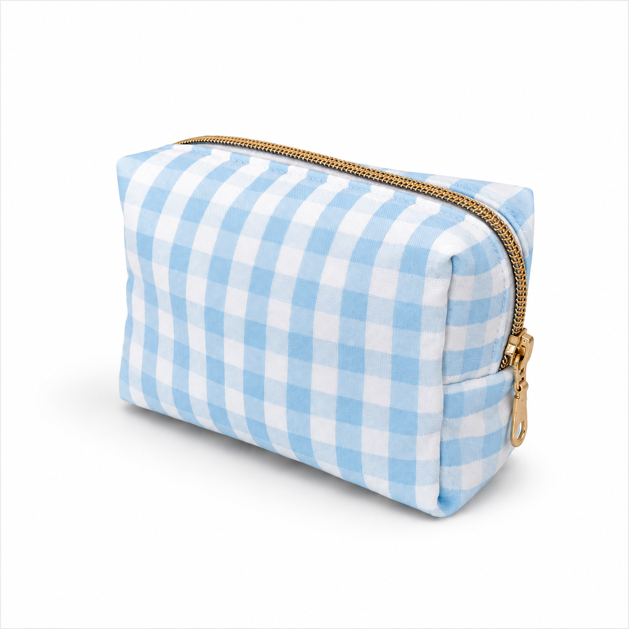 Bolsa de Maquilhagem Vichy Azul Necessaire com padrão xadrez azul e branco e fecho dourado