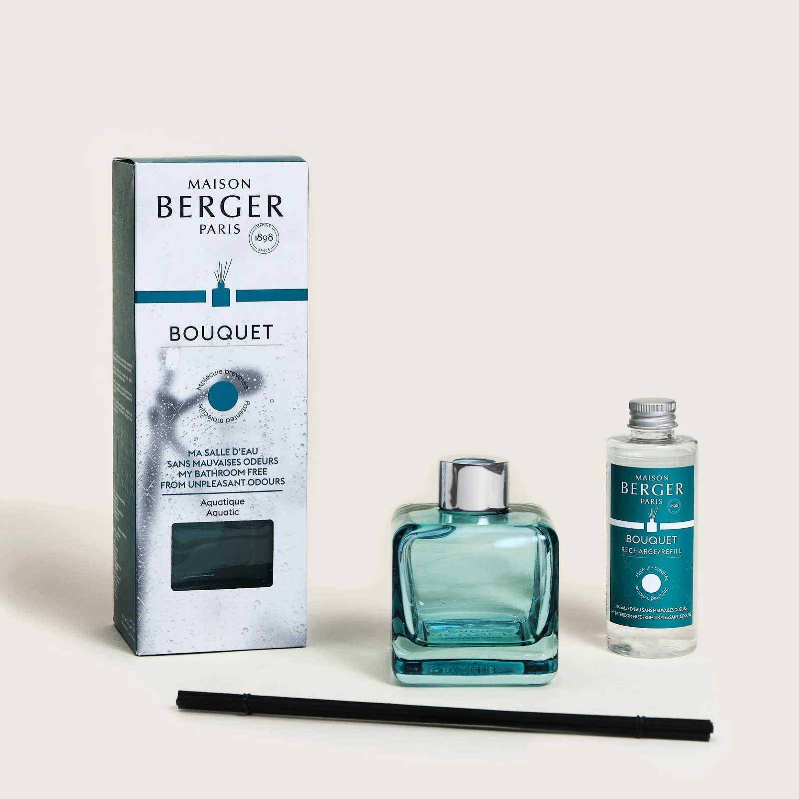 Conjunto de aromatizador ambiente MAISON BERGER PARIS BOUQUET com embalagem, frasco de vidro azul, recarga e varetas pretas