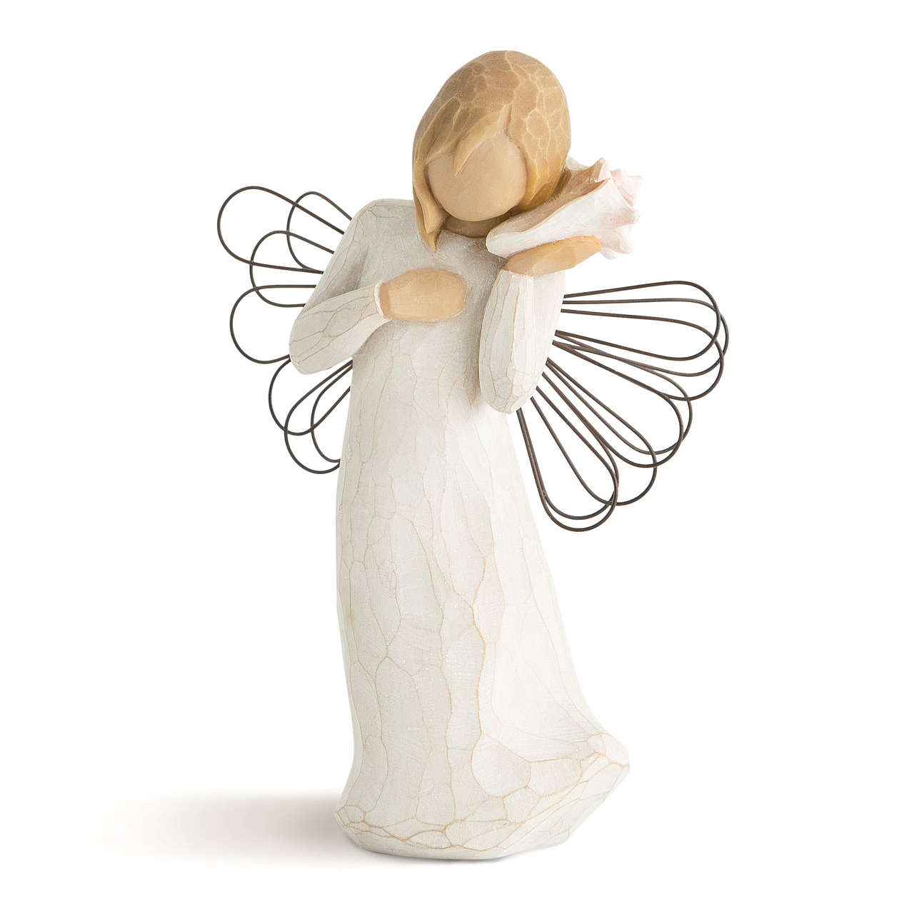 Thinking of You by Willow Tree Figura decorativa de anjo em madeira com asas de arame e concha