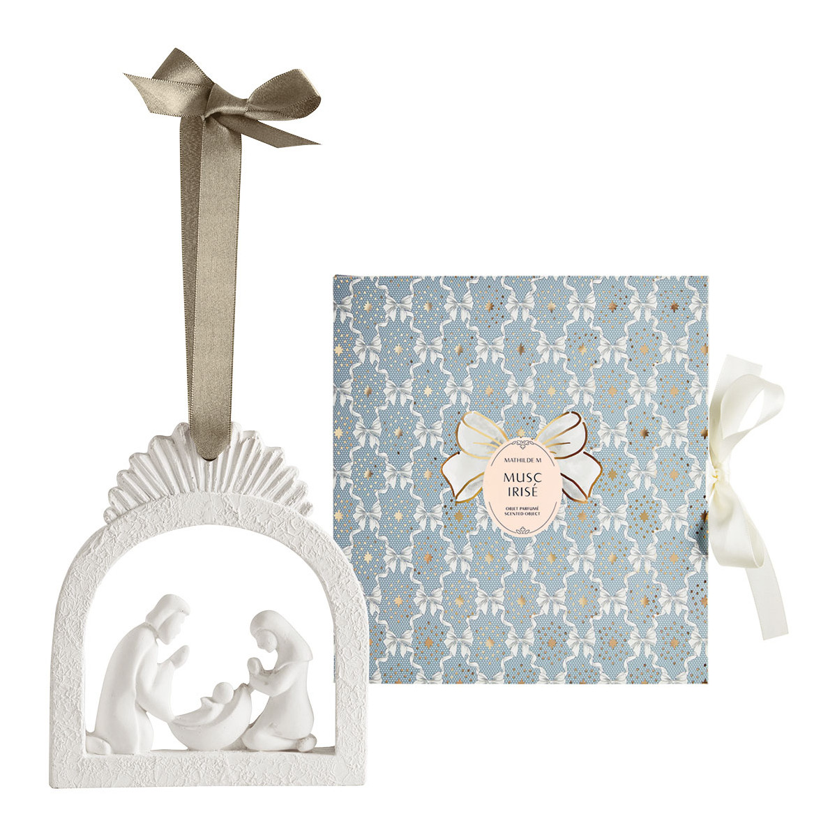 Presépio de Natal Perfumado Musc Irisé | Mathilde M Ornamento Sagrada Família branco com caixa azul decorativa