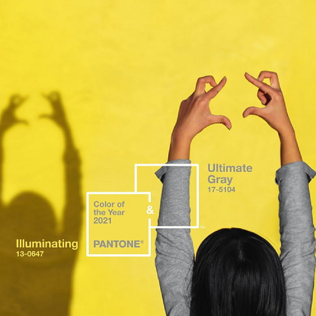 Pessoa formando coração com as mãos diante de fundo amarelo com texto das cores Pantone do Ano 2021