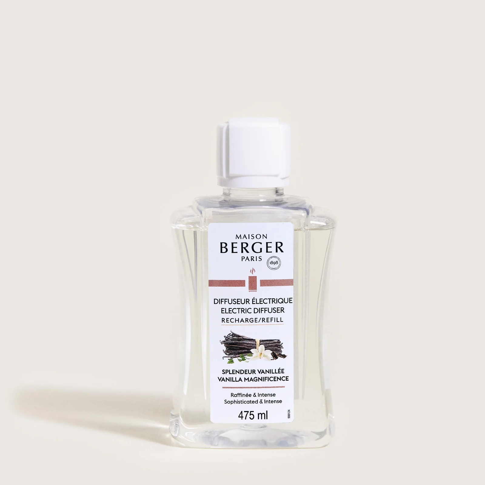 Recarga Difusor Elétrico Maison Berger Frasco transparente de recarga para difusor elétrico com etiqueta branca sobre fundo claro.