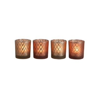 Conjunto de quatro porta-velas em vidro com padrões geométricos castanhos