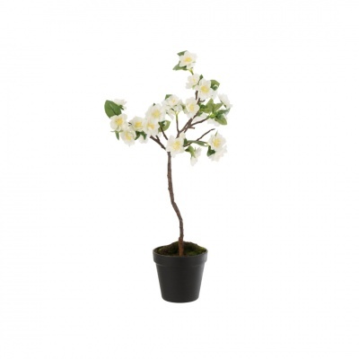 Mini árvore decorativa artificial com flores brancas e folhas verdes em vaso preto