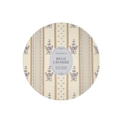 Caixa redonda bege com padrão de lavanda e etiqueta lilás