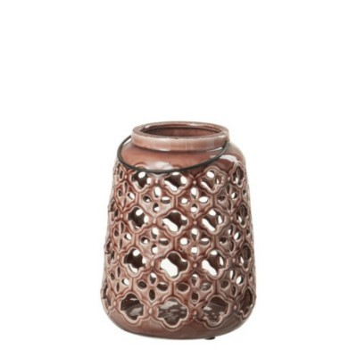 Lanterna de cerâmica castanha com padrão geométrico e alça preta