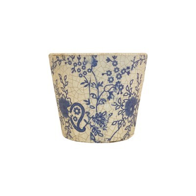 Vaso de cerâmica branco com flores azuis e textura craquelada