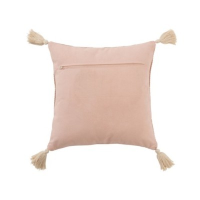 Almofada rosa com tasséis creme e fecho de correr atrás