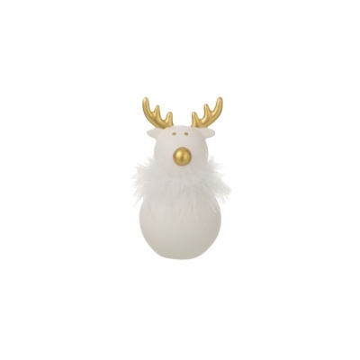 Figura decorativa de rena branca com detalhes dourados e penas