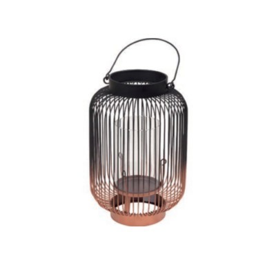 Lanterna decorativa metal preto e cobre com suporte para vela e pega