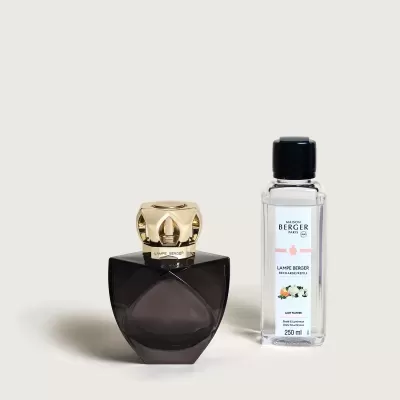 Frasco de perfume preto fosco com tampa dourada ao lado de frasco transparente de líquido com tampa preta