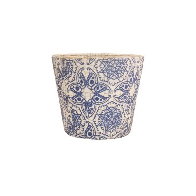 Vaso de cerâmica bege com padrão floral azul