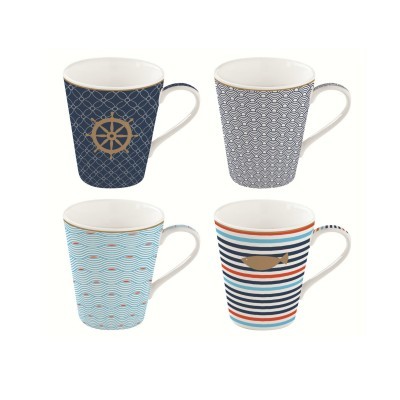 Conjunto de quatro canecas de cerâmica com padrões geométricos e náuticos