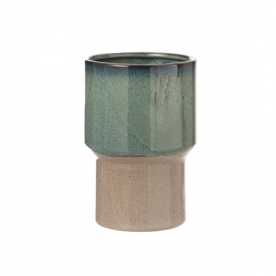 Vaso cerâmico verde com base castanha em fundo branco