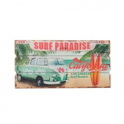 Placa decorativa vintage com carrinha de surf e texto SURF PARADISE California