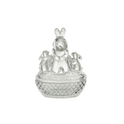 Figura decorativa em vidro de coelho e coelhinhos numa cesta