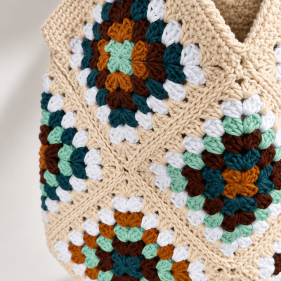 Mala croché beige com padrões coloridos em quadrados