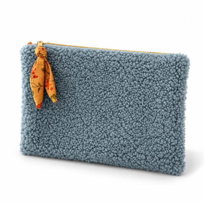 Bolsa de mão azul felpuda com fecho dourado e pendurador de tecido amarelo floral.