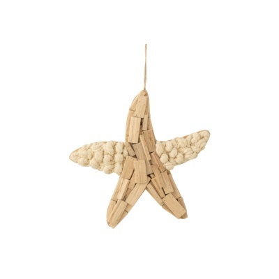 Estrela decorativa pendente de madeira e material natural em branco e madeira clara