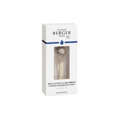 Embalagem branca com queimador para lâmpadas Berger visível através de janela transparente.