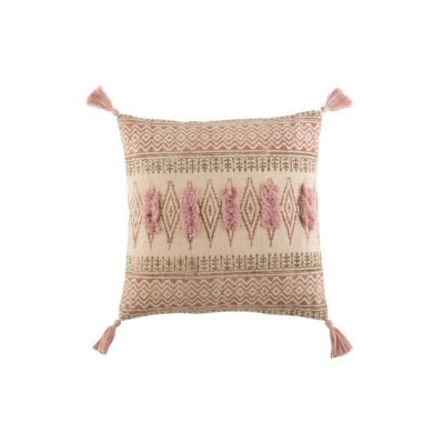 Almofada decorativa com padrão rosa e bege e tasséis nas pontas