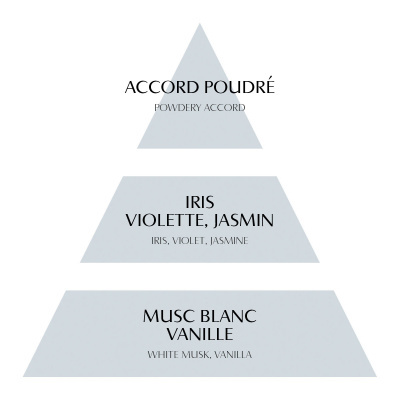 Pirâmide olfativa com três níveis e textos em inglês e francês sobre notas de perfume.