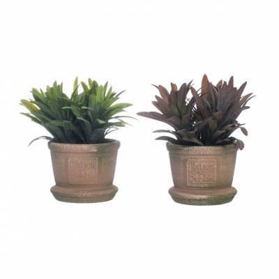 Dois vasos castanhos com plantas artificiais de folhas verdes e castanhas
