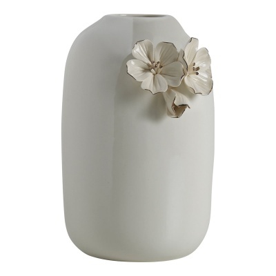 Vaso cerâmico branco com flores decorativas em relevo