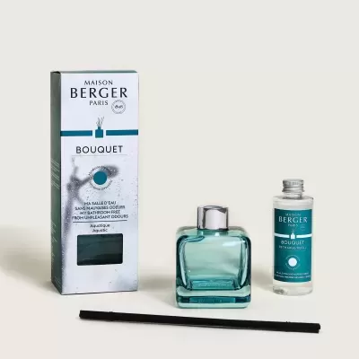 Conjunto de aromatizador ambiente MAISON BERGER PARIS BOUQUET com embalagem, frasco de vidro azul, recarga e varetas pretas