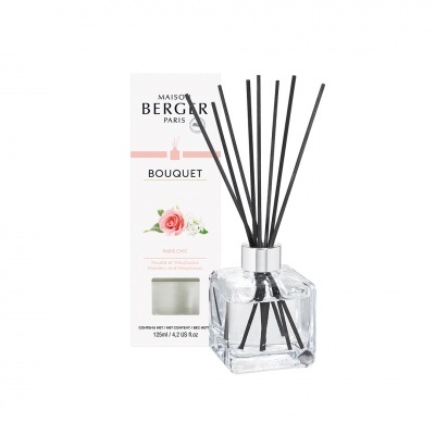 Difusor de aromas transparente com pauzinhos pretos e caixa branca com rosa