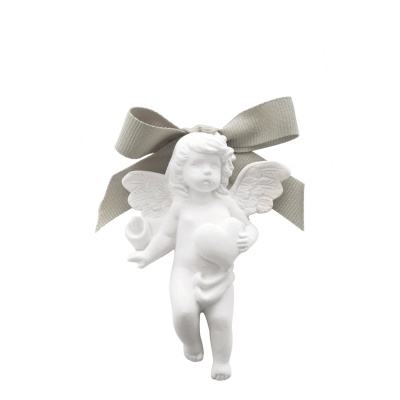 Anjo branco em cerâmica ou gesso com asas e laço cinzento