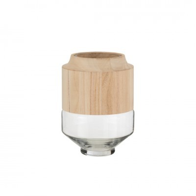 Recipiente com tampa em madeira clara e corpo em vidro transparente