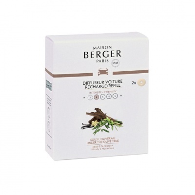 Embalagem branca de recarga para difusor de carro Maison Berger Paris com imagem de vagens e ramos verdes