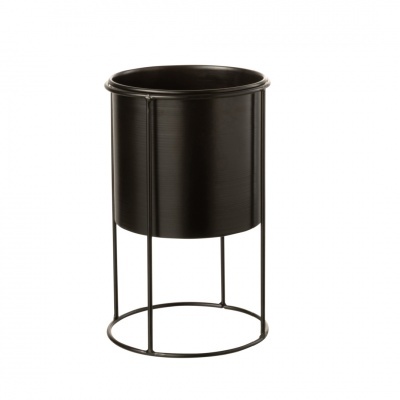 Vaso de planta cilíndrico de metal preto com suporte