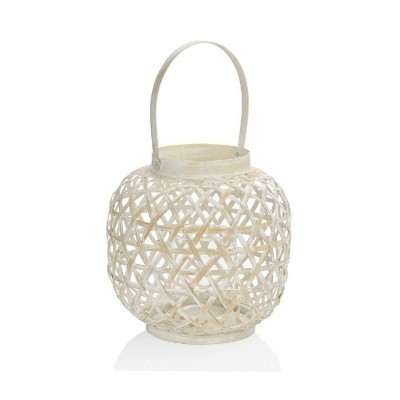 Lanterna decorativa trançada em fibras naturais com alça branca