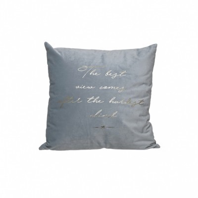 Almofada cinza com texto dourado em fundo branco