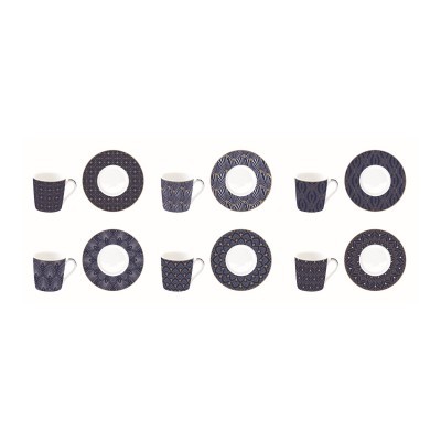 Conjunto de seis chávenas e pires em cerâmica com padrões geométricos azuis.