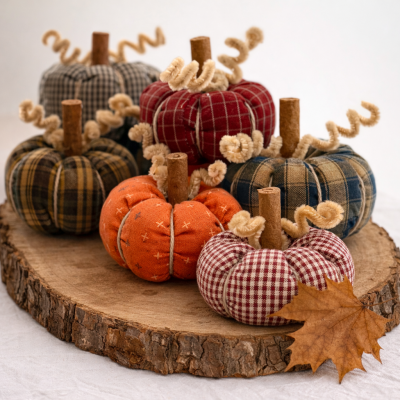Abóboras decorativas de tecido em diferentes padrões e cores sobre base de madeira