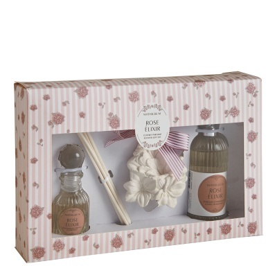 Conjunto de fragrância Rose Elixir com garrafas, paus difusores e ornamento em caixa decorativa