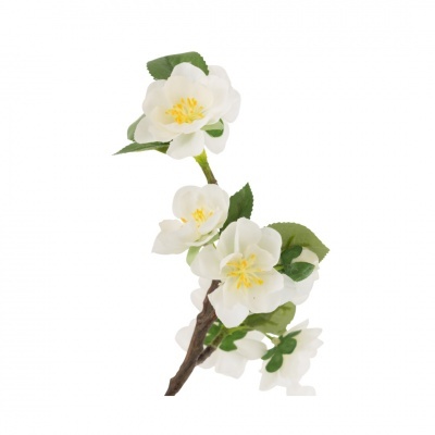 Ramo artificial com flores brancas, folhas verdes e caule castanho