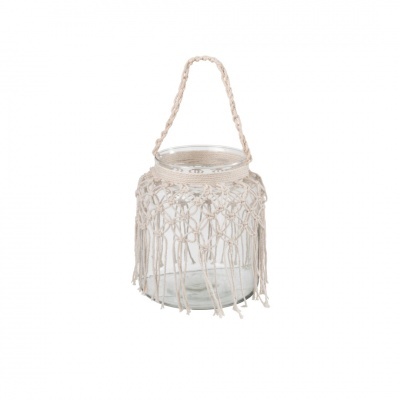 Lanterna de vidro com capa macramé bege e alça