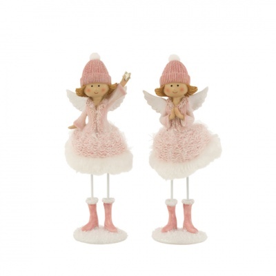 Bonecos decorativos de anjos com vestidos rosa e botas cor de rosa