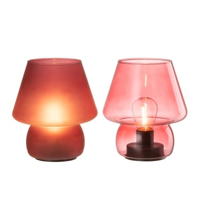 Duas lâmpadas de mesa em vidro cor-de-rosa, uma fosca e outra transparente com lâmpada visível