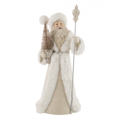 Figura decorativa de Pai Natal vestido de branco com árvore dourada e cajado prateado