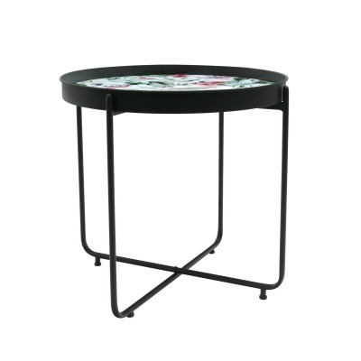 Mesa redonda preta com tampo floral e pernas finas cruzadas