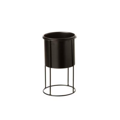 Suporte de vaso preto em metal com estrutura cilíndrica
